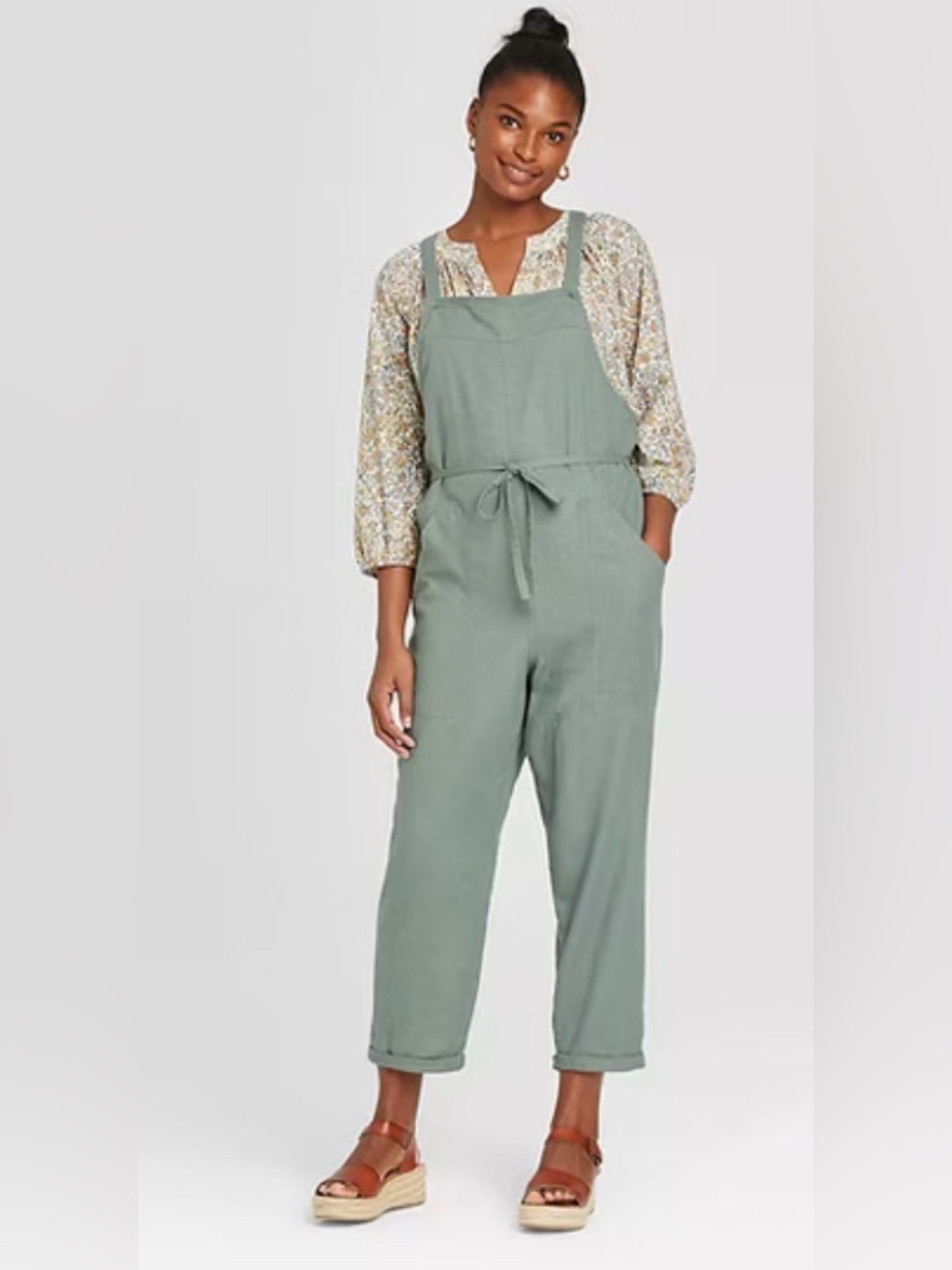 Green linen blend jumpsuit